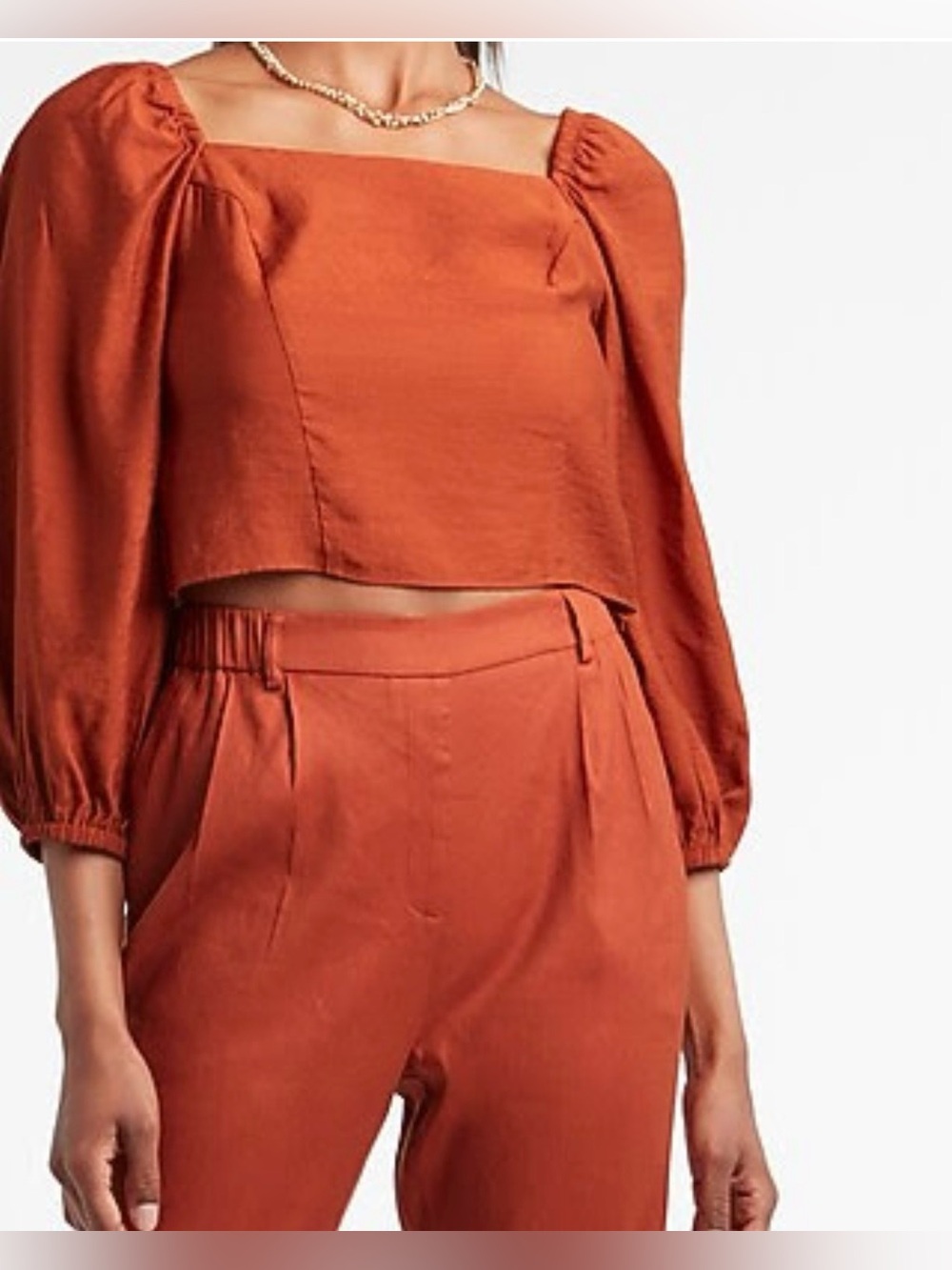Express Cropped Tie Back Puff Sleeve Top Bright Paprika XS